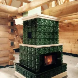 Rustykalny piec kaflowy w odcieniach zieleni z dekoracyjnymi kaflami w drewnianym wnętrzu, z widocznymi płomieniami w palenisku i konstrukcją więźby dachowej w tle.