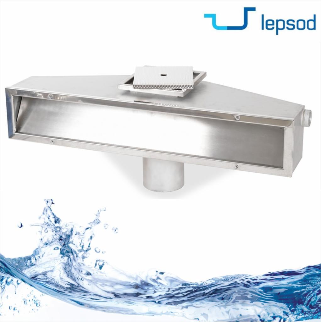 Skimmer powierzchniowy ze stali nierdzewnej marki Lepsod, z widocznym logo, na białym tle z grafiką imitującą wodę.