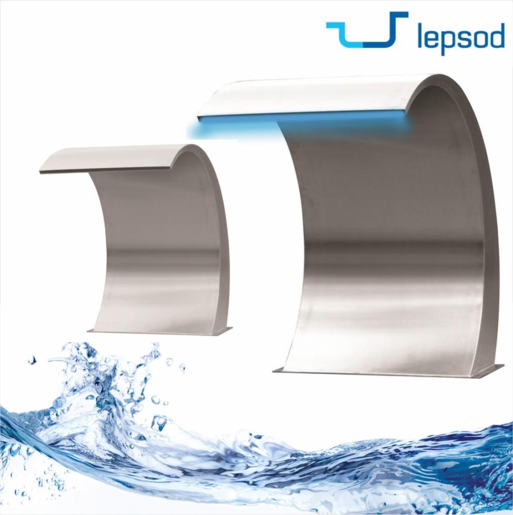 Dwa metalowe wodospady kaskadowe marki Lepsod, jeden większy i jeden mniejszy, z niebieskim podświetleniem, wizualizacja produktu oferowanego w Częstochowie.