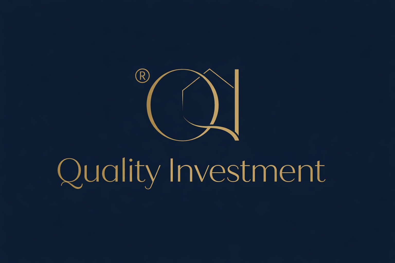 Eleganckie logo 'Quality Investment' w kolorze złotym na granatowym tle. Symbol domu wkomponowany w literę Q. Minimalistyczny design.