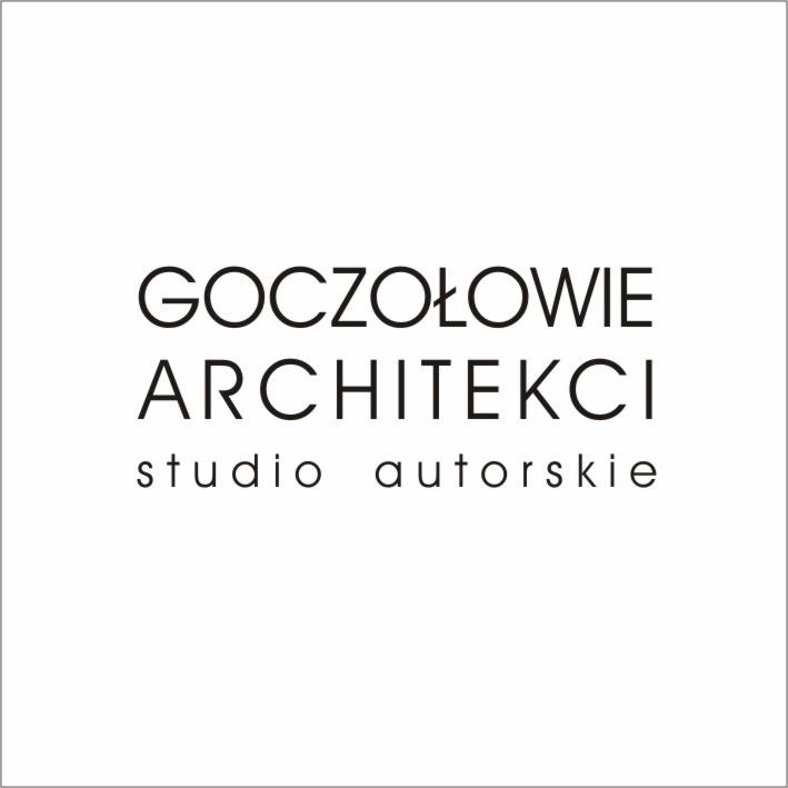 Logo firmy architektonicznej: GOZCZOŁOWIE ARCHITEKCI, studio autorskie, czarny tekst na białym tle.