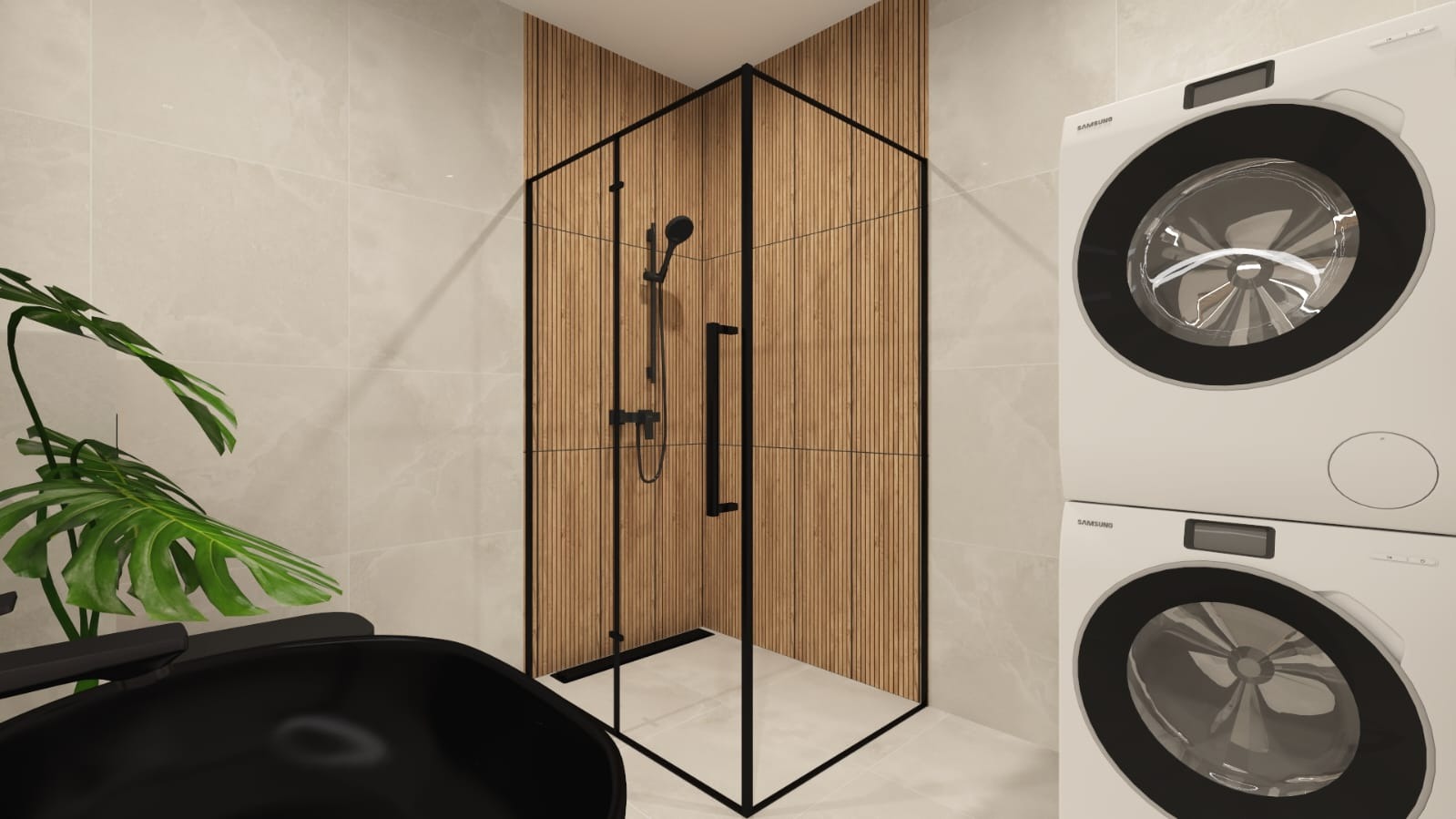 Nowoczesna kabina prysznicowa z czarnymi profilami i drewnianym wykończeniem ścian, obok pralka i suszarka w jasnej łazience z rośliną w rogu.