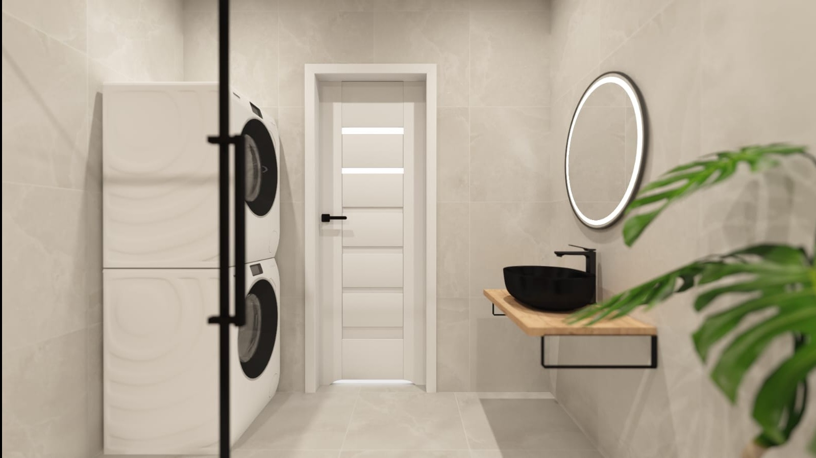 Nowoczesna łazienka w jasnych płytkach z pralko-suszarką w zabudowie, okrągłym lustrem z podświetleniem i czarną umywalką na drewnianym blacie.