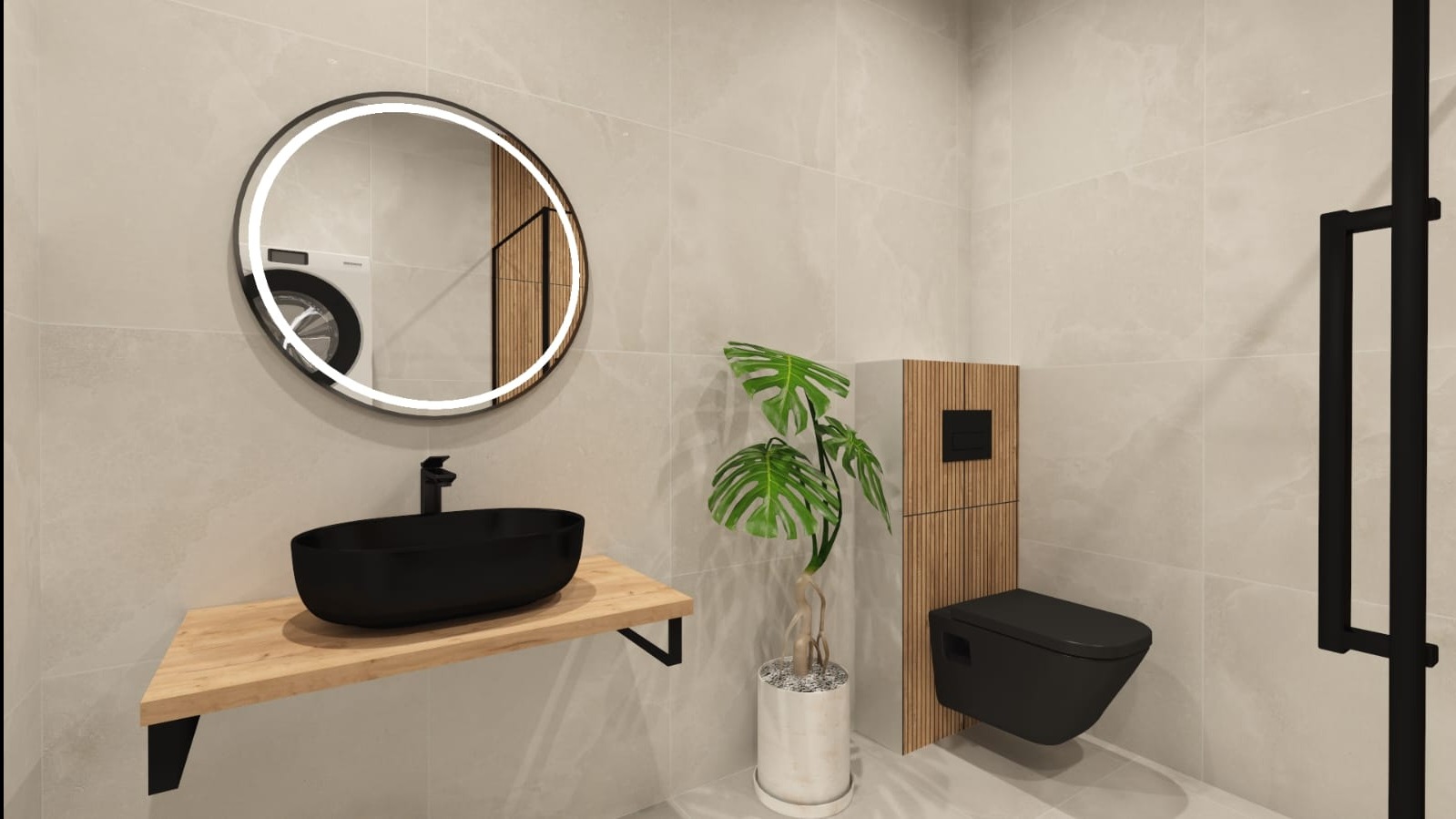 Nowoczesna łazienka z czarną umywalką na drewnianym blacie, okrągłym lustrem z podświetleniem LED i wiszącą toaletą. Minimalistyczny design z rośliną doniczkową.