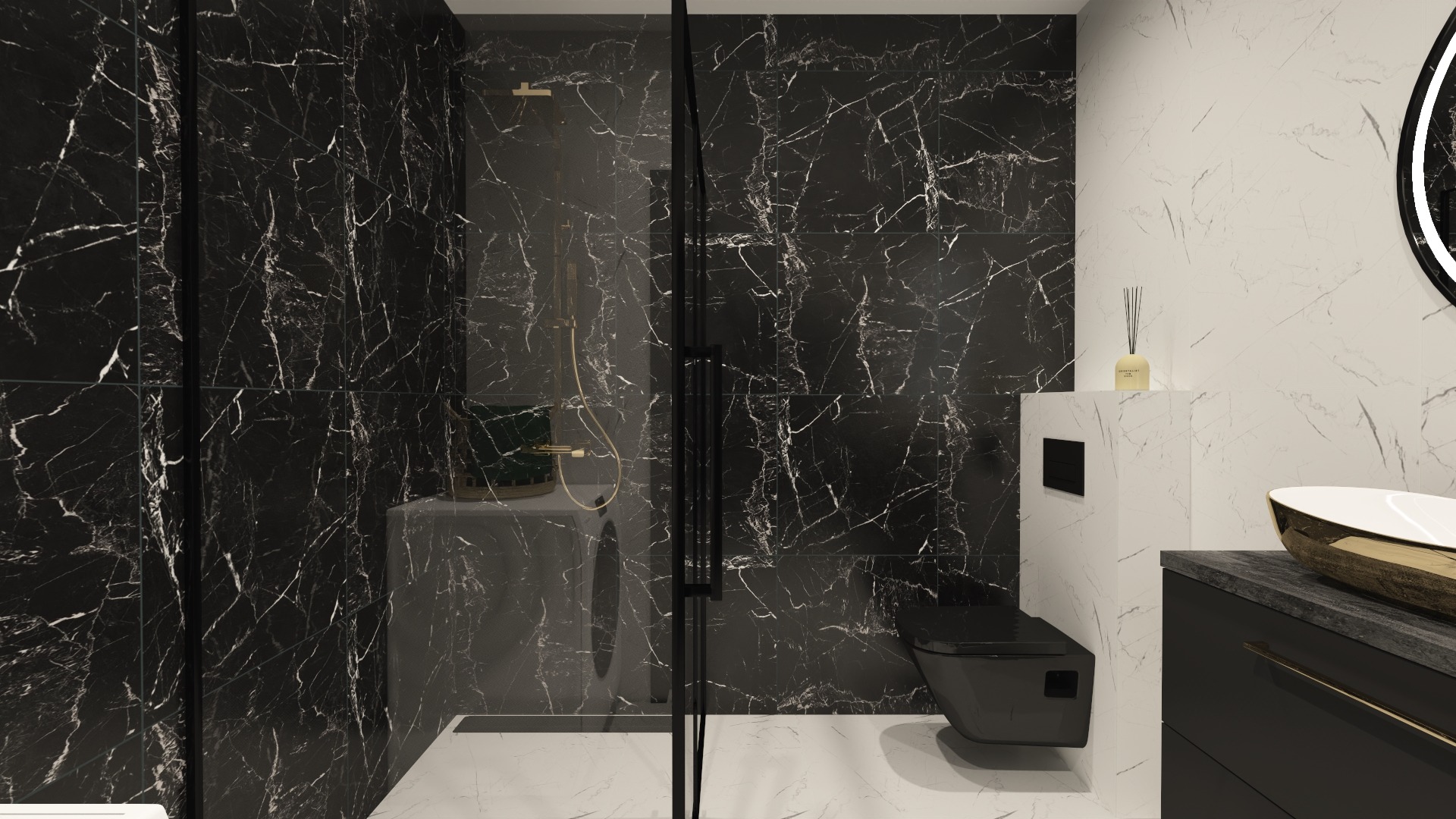 Nowoczesna łazienka z czarnymi płytkami imitującymi marmur, kabiną prysznicową typu walk-in i białymi akcentami. Widoczna armatura w kolorze złotym i czarna toaleta podwieszana.