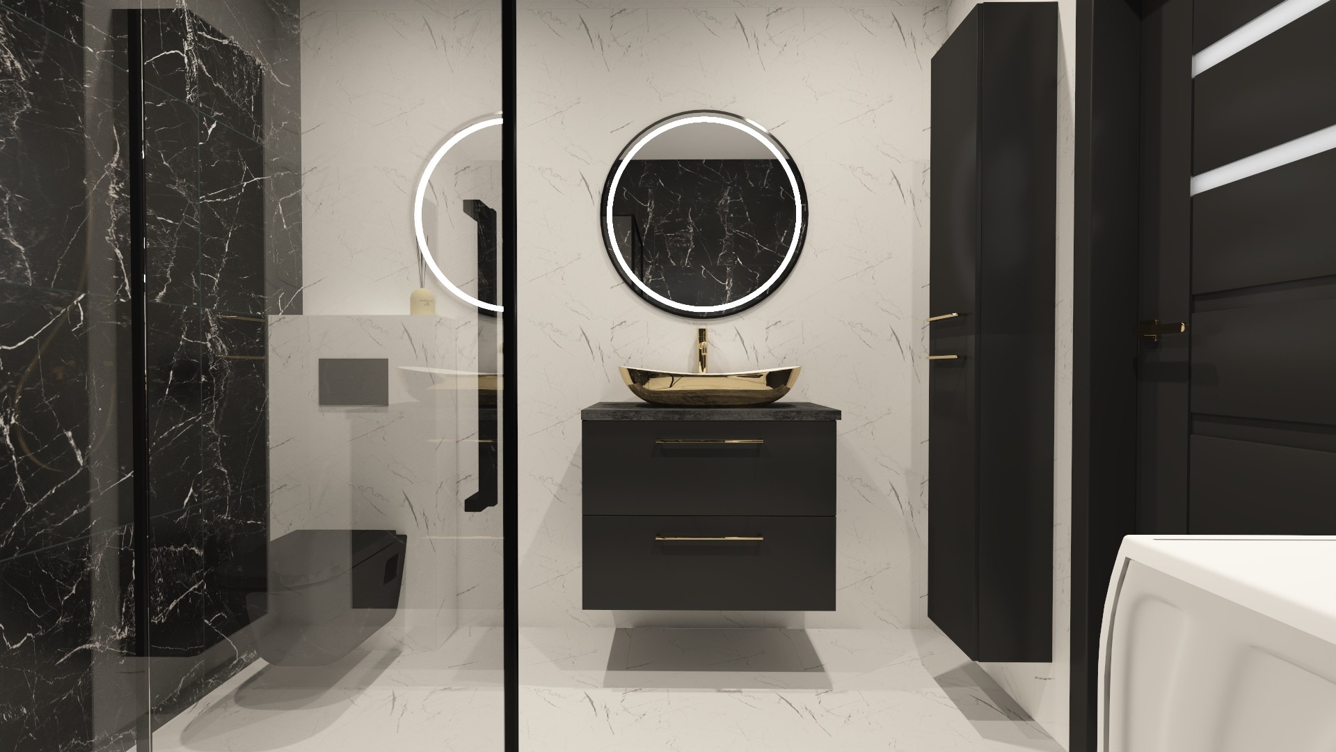 Nowoczesna łazienka z czarnymi meblami, marmurowymi płytkami i okrągłymi lustrami z podświetleniem LED. Złota umywalka na blacie dodaje elegancji.