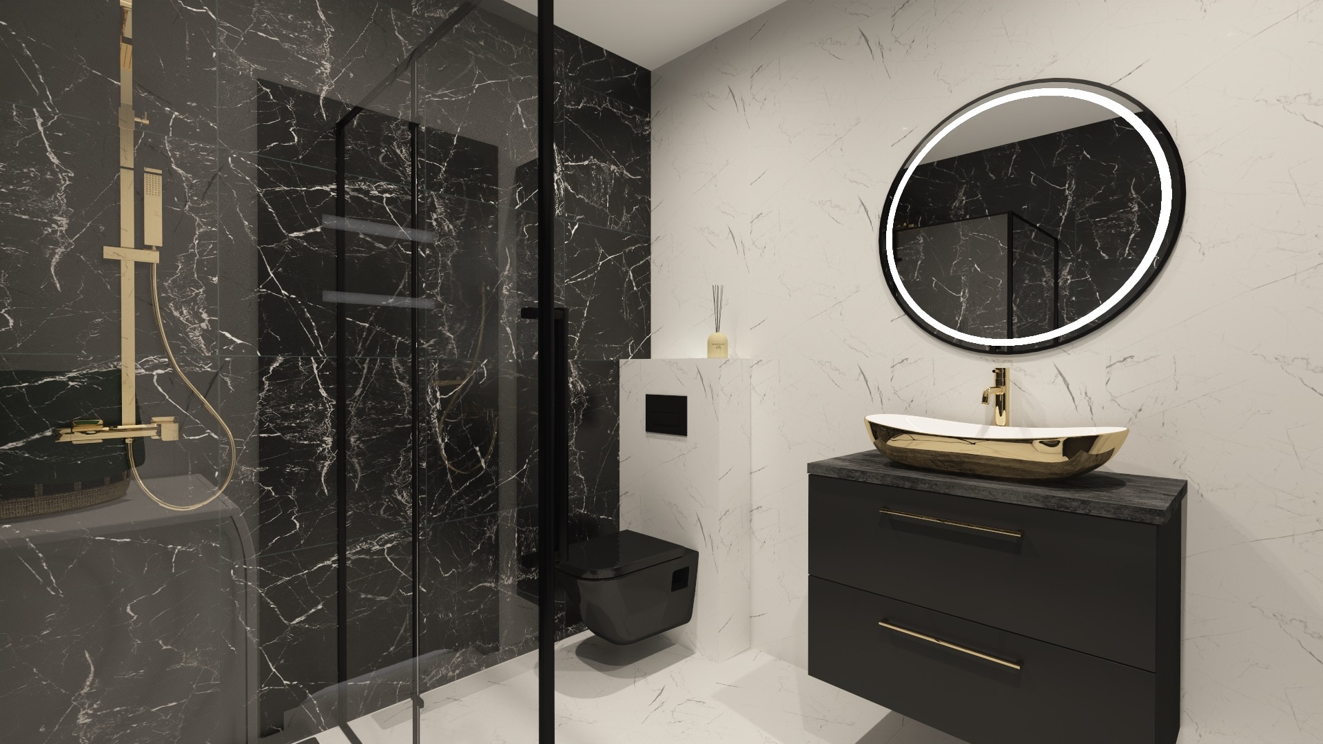 Nowoczesna łazienka z czarno-białymi marmurkowymi płytkami, złotą armaturą i okrągłym lustrem z podświetleniem LED. Kabina prysznicowa ze szklaną ścianką.