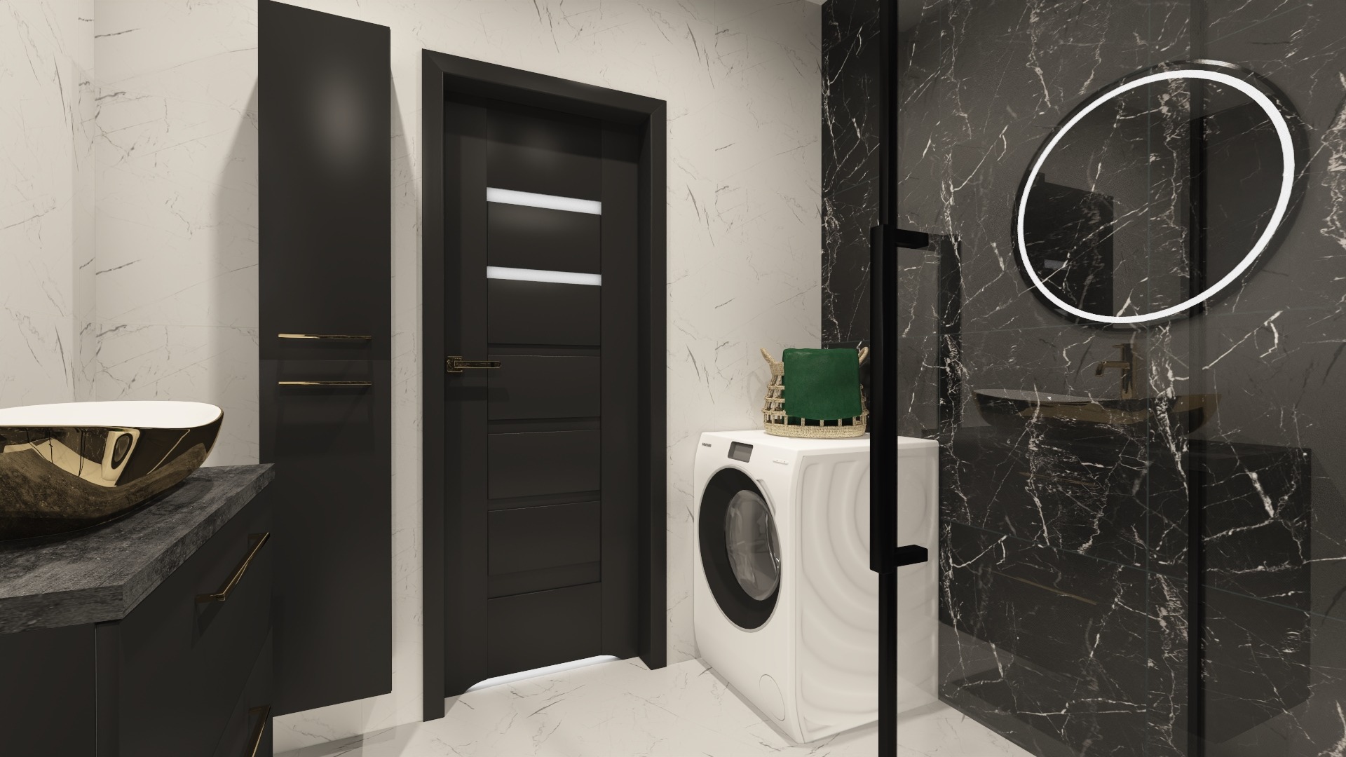 Nowoczesna łazienka z czarno-białymi marmurowymi płytkami, złotą umywalką, czarnymi szafkami i drzwiami oraz białą pralką. Okrągłe lustro z podświetleniem LED.
