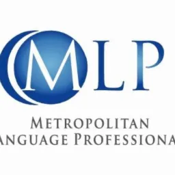 Logo firmy Metropolitan Language Professionals z niebieskim okręgiem i literami MLP na białym tle.