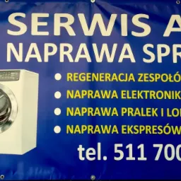 Baner reklamowy serwisu AGD z lodówką side-by-side, pralką automatyczną, ekspresem do kawy i numerem telefonu.