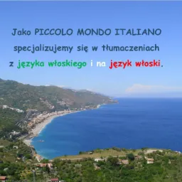 Krajobraz włoskiego wybrzeża z tekstem o tłumaczeniach z i na język włoski, nazwa firmy Piccolo Mondo Italiano.