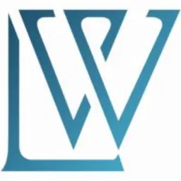 Niebieskie logo firmy z literami L i W w nowoczesnym stylu, gradient od jasnego do ciemnego odcienia niebieskiego.