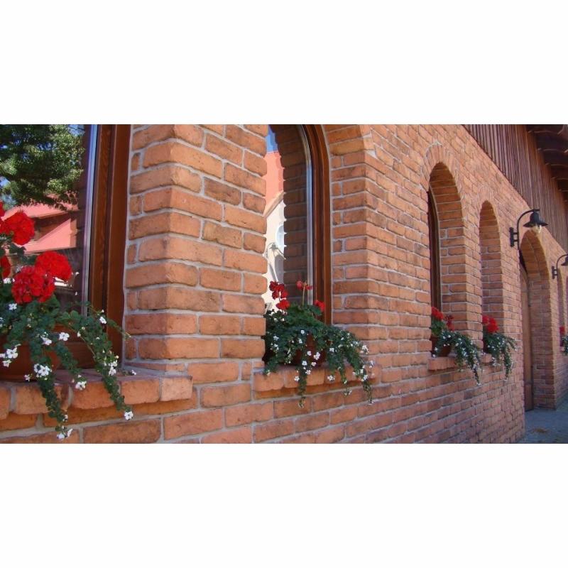 Murowana elewacja budynku z czerwonej cegły z oknami w drewnianych ramach, na parapetach donice z czerwonymi i białymi kwiatami, widok z zewnątrz.