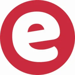 Logo z białą literą 'e' w czerwonym okręgu.