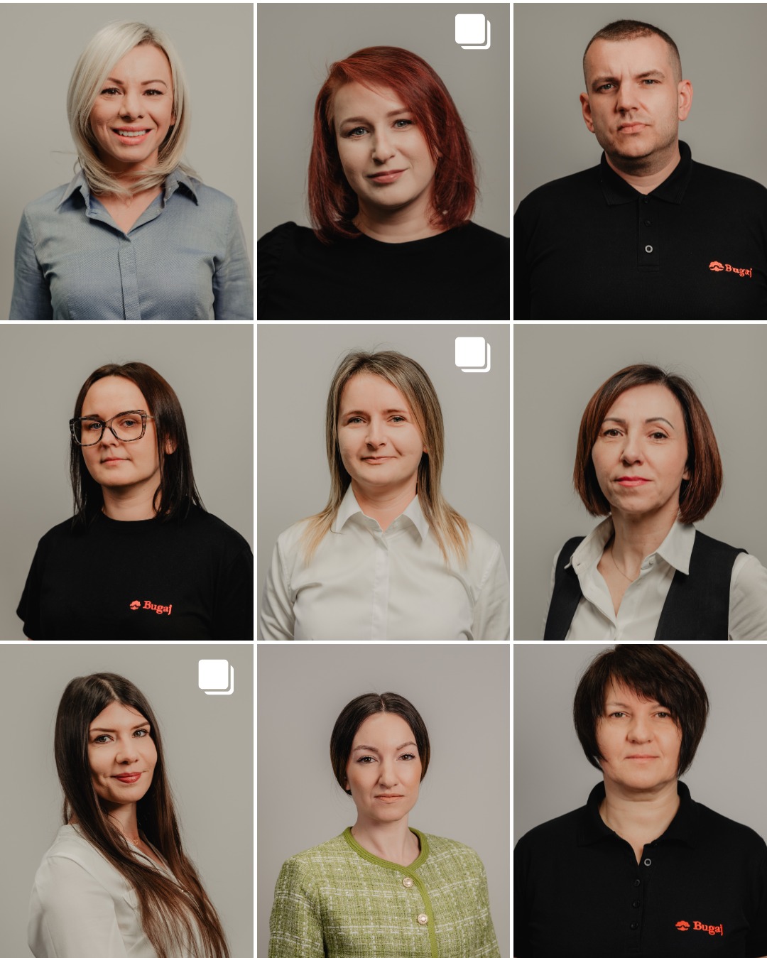 Kolaż portretów biznesowych dziewięciu osób na szarym tle. Różne fryzury, ubrania, wyrazy twarzy. Na niektórych ubraniach widoczne logo firmy.