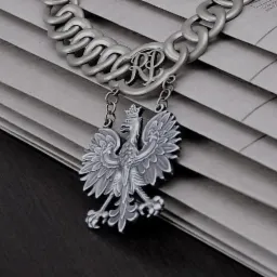 Srebrny łańcuch z orłem w koronie na stosie dokumentów z widocznymi fragmentami tekstu.