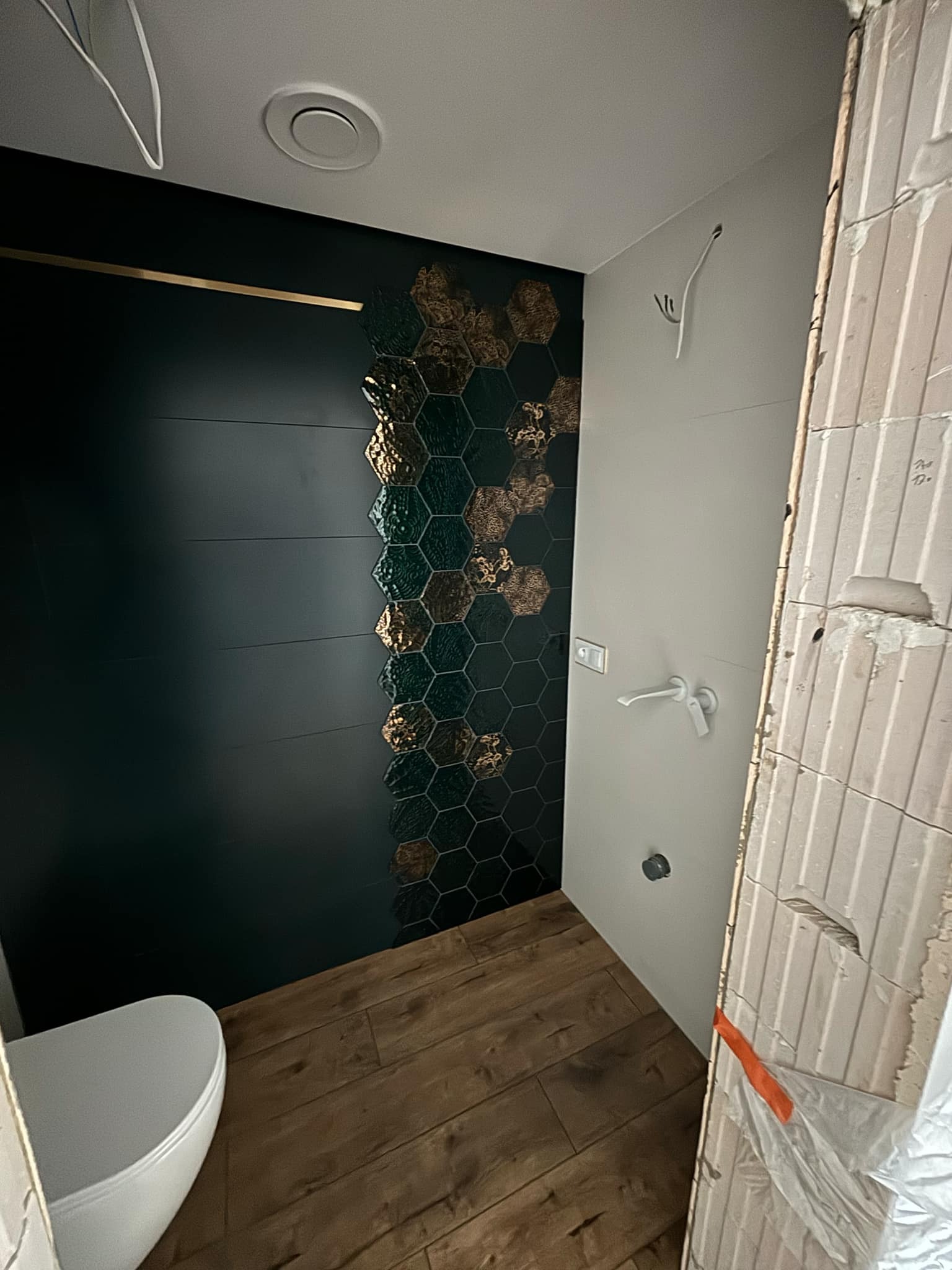 Częściowo wykończona łazienka z ciemnozieloną ścianą z poziomymi panelami i pionowym pasem dekoracyjnych, heksagonalnych płytek w odcieniach zieleni i złota, drewnopodobna podłoga, widoczny...