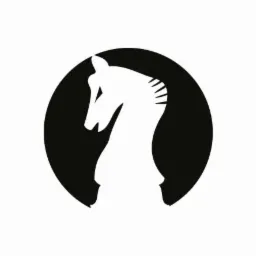 Grafika przedstawiająca białego konia szachowego w czarnym okręgu na białym tle.