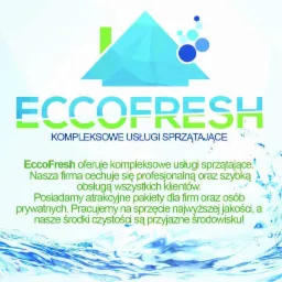 Logo firmy EccoFresh z zielono-niebieskim motywem, oferującej kompleksowe usługi sprzątające, z tekstem informującym o profesjonalnej obsłudze i ekologicznych środkach czystości.