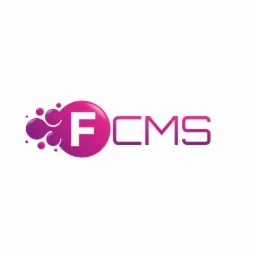 Logo 'F CMS' z fioletowymi gradientami i okrągłymi elementami graficznymi po lewej stronie.