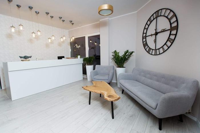 Jasne wnętrze poczekalni z białą ladą recepcyjną, szarą sofą i fotelami, stolikiem kawowym z blatem z surowego drewna oraz dekoracyjnym zegarem ściennym.
