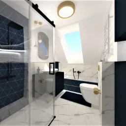 Wizualizacja nowoczesnej łazienki z kabiną prysznicową typu walk-in, marmurowymi płytkami, czarną armaturą i oświetleniem LED, okno dachowe w skosie.