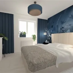 Wizualizacja sypialni z łóżkiem z beżowym zagłówkiem, niebieską fototapetą z motywem roślinnym i okrągłą lampą sufitową.