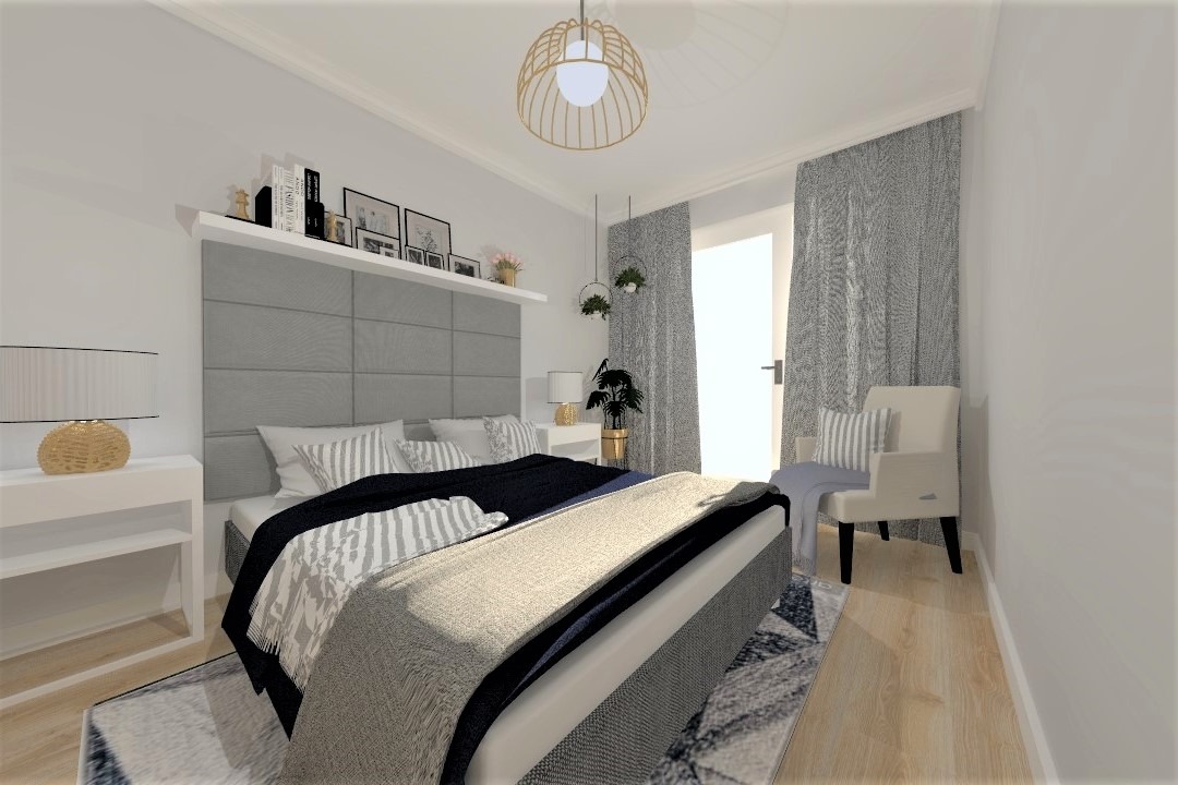 Wizualizacja sypialni z szarym tapicerowanym zagłówkiem, lampką nocną z ażurową podstawą, wiszącymi roślinami i zasłonami w odcieniach szarości.