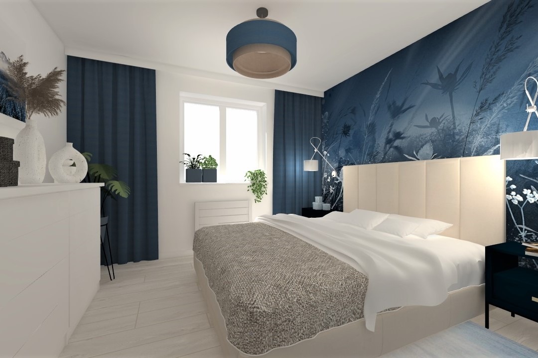 Wizualizacja sypialni z łóżkiem z beżowym zagłówkiem, niebieską fototapetą z motywem roślinnym i okrągłą lampą sufitową.