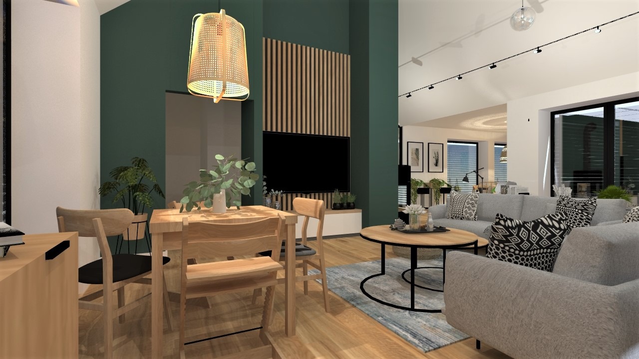 Wizualizacja wnętrza: drewniany stół jadalny z roślinami w wazonie, wisząca lampa z wikliny, ściana w kolorze butelkowej zieleni z drewnianymi lamelami i telewizorem, szara sofa z wzorzystymi...