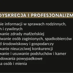 Tekst informacyjny na czarnym tle, prezentujący listę usług z zakresu zbierania informacji, wykrywania zdrad, poszukiwania osób i mienia, wywiadu środowiskowego, wykrywania nieuczciwej konkurencji,...
