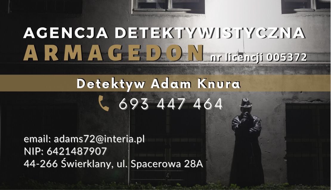 Szyld agencji z nazwą 'Armagedon' i numerem licencji, poniżej kontakt do detektywa Adama Knury oraz adres i dane firmy, w tle sylwetka mężczyzny w kapeluszu i płaszczu.