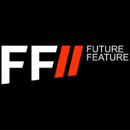 Logo firmy 'Future Feature' z białym napisem 'FF' i dwoma pomarańczowymi ukośnymi kreskami, obok napis 'FUTURE FEATURE' na czarnym tle.