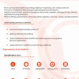 Plakat reklamowy firmy IT oferującej tworzenie dedykowanych systemów IT, aplikacji webowych i mobilnych, optymalizację aplikacji, z ikonami technologii Java, Python, JavaScript, Angular JS...
