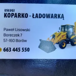 Wizytówka firmy Pawła Lisowskiego oferującej usługi koparko-ładowarką, z ilustracją żółtej maszyny i numerem telefonu 663 445 550.