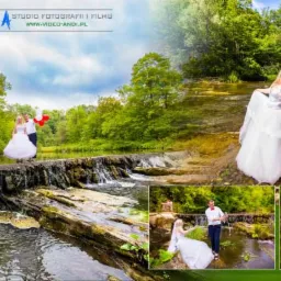 Kompozycja zdjęć z sesji ślubnej: para w strojach ślubnych pozuje na tle wodospadu i rzeki, jedno ujęcie z czerwonymi balonami, mężczyzna w ciemnym garniturze i kobieta w białej sukni.