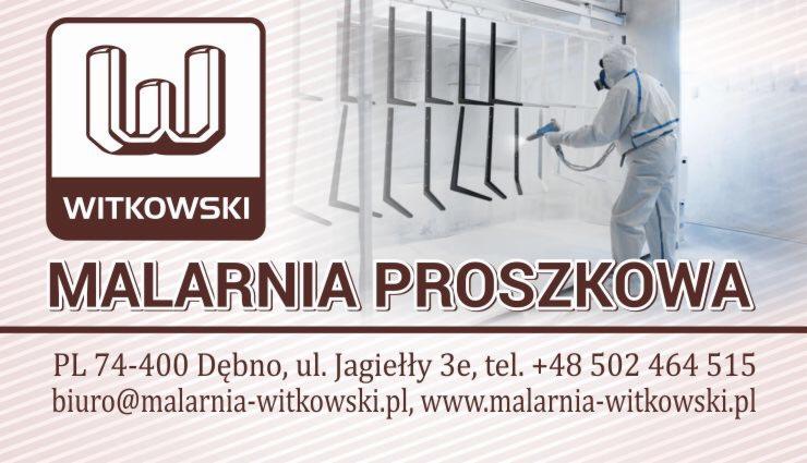 Wizytówka firmy Witkowski Malarnia Proszkowa przedstawia pracownika w kombinezonie ochronnym malującego proszkowo metalowe elementy w hali produkcyjnej.