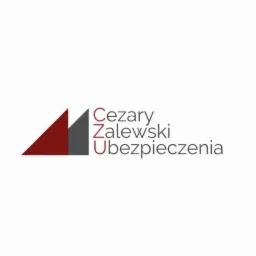 Logo firmy ubezpieczeniowej: czerwony i szary trójkąt obok napisu Cezary Zalewski Ubezpieczenia.