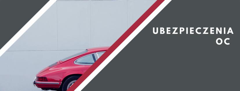 Grafika reklamowa z fragmentem czerwonego samochodu sportowego na tle szarej ściany, z ukośnymi białymi i czerwonymi paskami oraz napisem 'Ubezpieczenia OC' po prawej stronie.