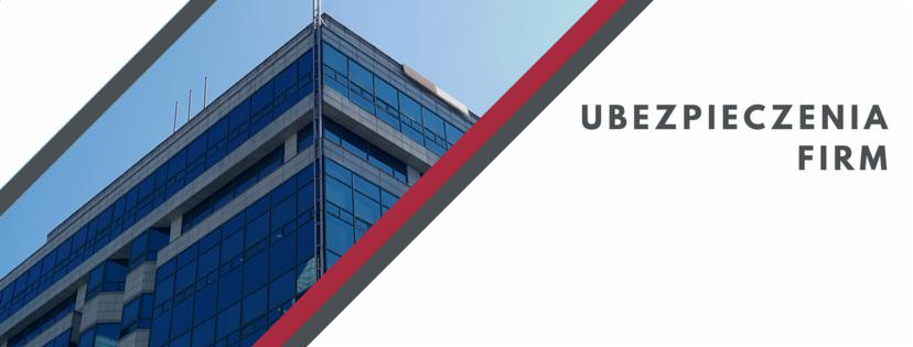 Szklany biurowiec widziany pod kątem, z napisem 'Ubezpieczenia Firm' w prawym górnym rogu i czerwono-szarym paskiem ukośnie przecinającym kadr.