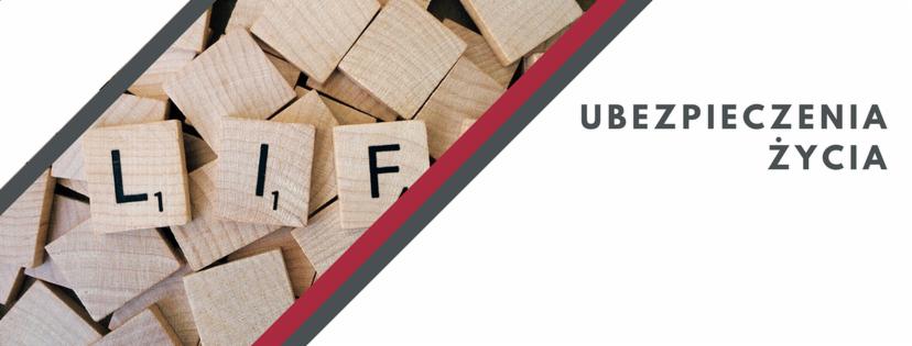 Drewniane kostki z literami układające się w słowo LIFE, obok napis Ubezpieczenia Życia, całość w kompozycji z szarym i czerwonym paskiem na białym tle.