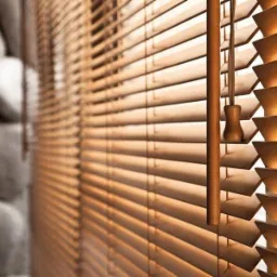 Drewniane żaluzje poziome z drewnianym mechanizmem sterującym, widoczne na tle ściany wyłożonej dekoracyjnymi kamieniami.