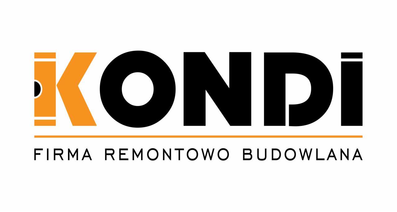 Logo firmy remontowo-budowlanej KONDI, z elementami graficznymi w kolorze pomarańczowym i czarnym.