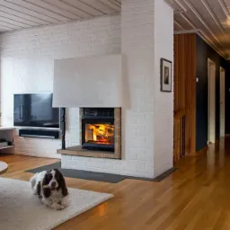 Jasne wnętrze salonu z ceglanym kominkiem z paleniskiem, drewnianą podłogą i psem leżącym na dywanie.