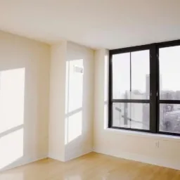 Pusty pokój z parkietem, kremowymi ścianami i dużym oknem z czarną ramą, wpadające promienie słoneczne tworzą geometryczne cienie na ścianie.