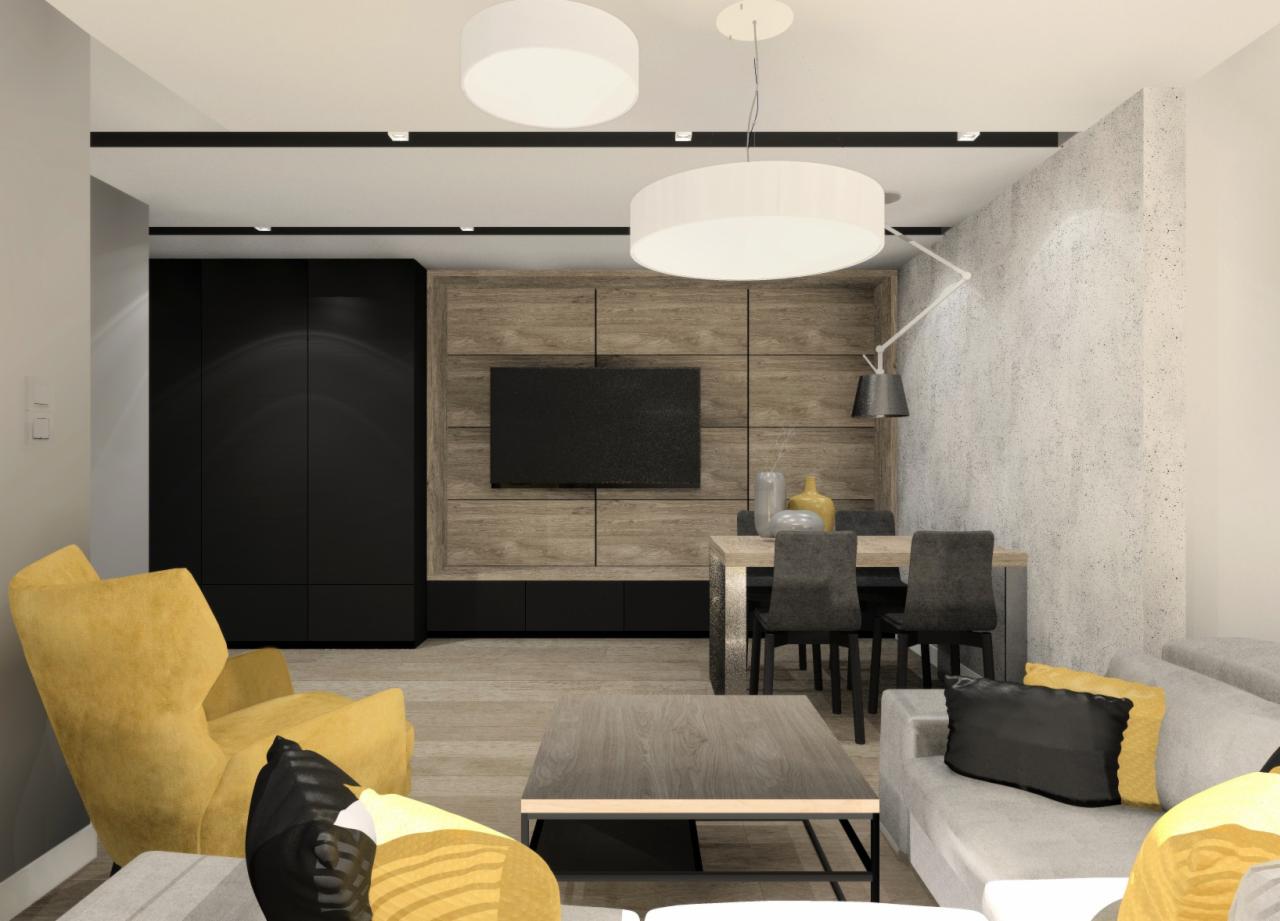 Wizualizacja salonu z żółtym fotelem, szarą sofą z poduszkami, drewnianą ścianą z telewizorem i stołem jadalnym z krzesłami, oświetlonego dwoma białymi lampami sufitowymi.