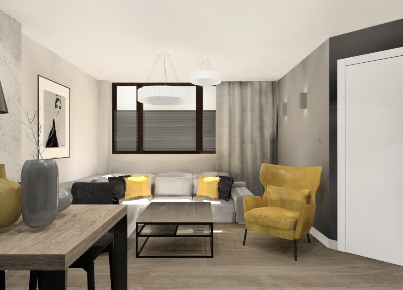 Wizualizacja salonu z szarą sofą narożną, żółtym fotelem uszakiem, drewnianym stołem i dwoma lampami wiszącymi w kształcie okręgów.
