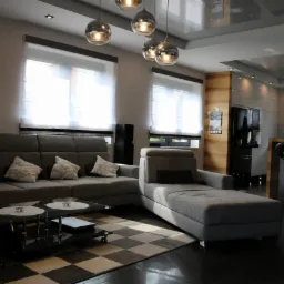 Nowoczesny salon z szarą sofą modułową, szklanym stolikiem kawowym na kółkach, czarno-białym dywanem w szachownicę i błyszczącym sufitem z kulistymi lampami wiszącymi.