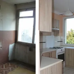 Porównanie kuchni przed i po remoncie: zniszczone ściany z odsłoniętą instalacją wodną kontra jasne meble kuchenne z blatem przy oknie i widokiem na zieleń.