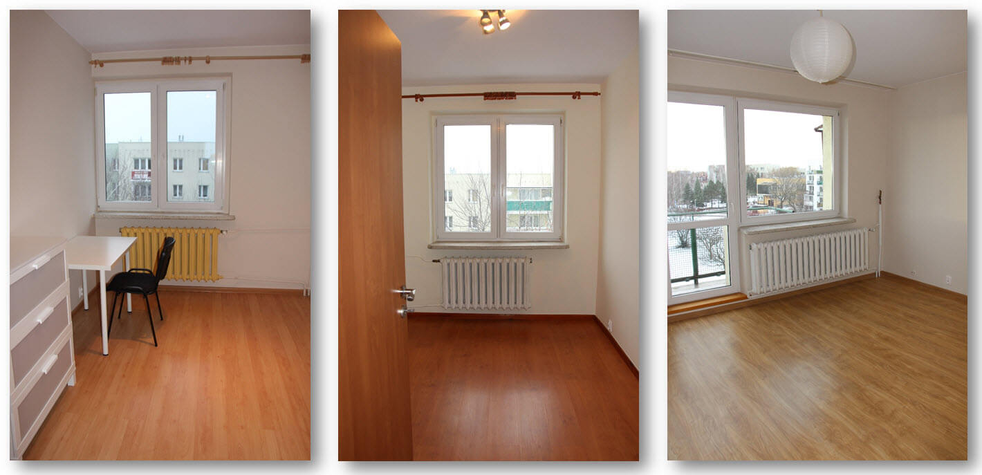 Trzy ujęcia tego samego pokoju po remoncie: odnowiona podłoga z paneli, pomalowane ściany na jasny kolor, okna PCV, grzejniki. W pierwszym ujęciu biurko i krzesło, w drugim otwarte drzwi, w trzecim...
